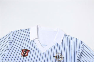 Turnover collar long sleeve striped letter print top