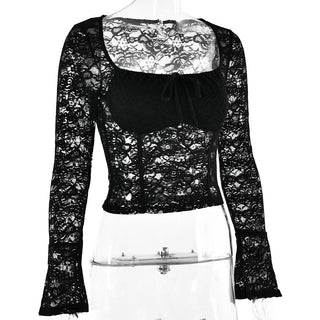 Long flared sleeve square neck lace self tie top