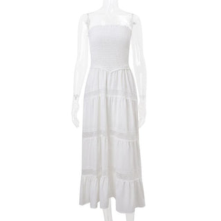 Smocked ruched lace patchwork tube midi dress