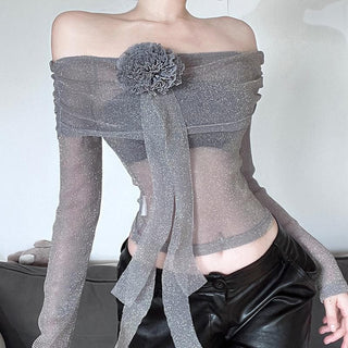 Long sleeve off shoulder flower applique glitter top