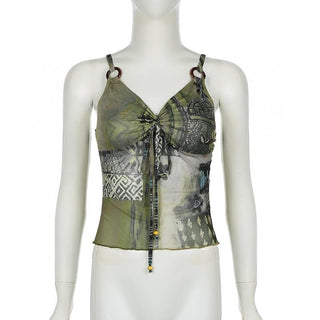 O ring ruched patchwork beaded mesh knotted cami top