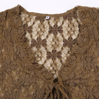 Lace v neck self tie see through flared sleeve solid crop top
