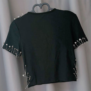 Short sleeve beaded cross pattern top
