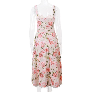 Rose print knotted ruched lace hem cami midi dress