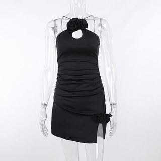 Ruched flower applique hollow out backless slit cut out mini dress