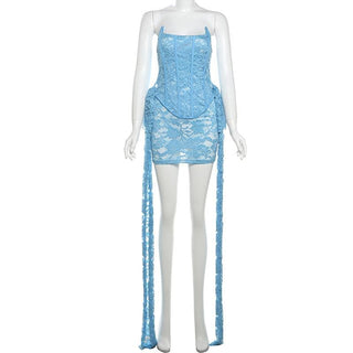 Lace bustier ruched see through tube mini dress