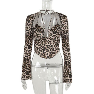 Leopard print halter long sleeve hollow out cut out top