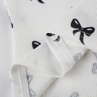 Off shoulder bowknot ribbed print top