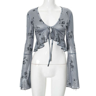 Long flared sleeve v neck self tie ruffle flower print top