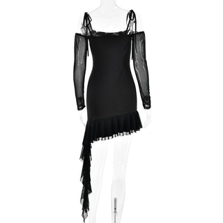 Ruffle self tie irregular off shoulder mesh long sleeve mini dress