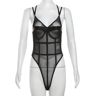 Stitch mesh patchwork cross back cami bodysuit