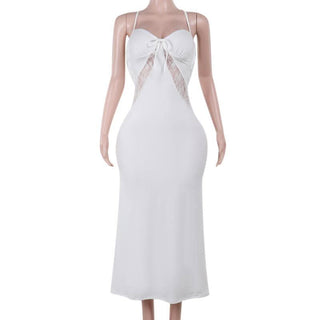 Self tie cross back v neck lace ruched midi dress