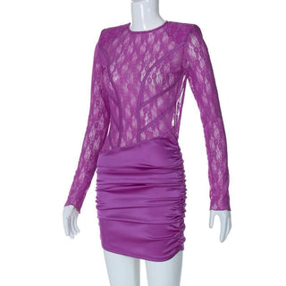 Lace see through satin ruched hollow out long sleeve cut out mini dress