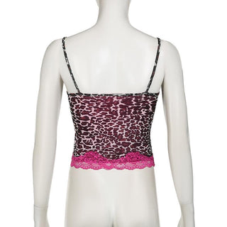 Leopard print mesh bowknot lace hem cami top