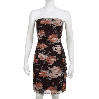 Mesh flower print contrast ruched ruffle backless tube mini dress