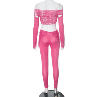Long sleeve off shoulder see through lace pant set