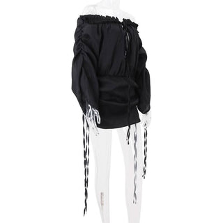 Off shoulder long sleeve ruffle self tie hollow out cut out mini dress