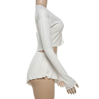 Long sleeve textured ruffle button short pant set