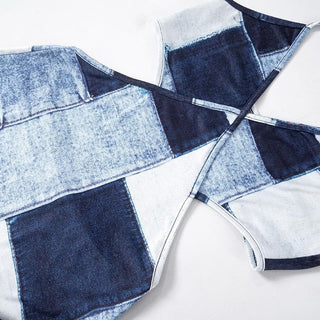 Halter patchwork denim hollow out cut out mini dress