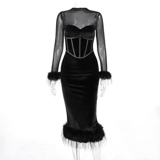 Long sleeve feather velvet mesh patchwork slit high neck midi dress-final-sale