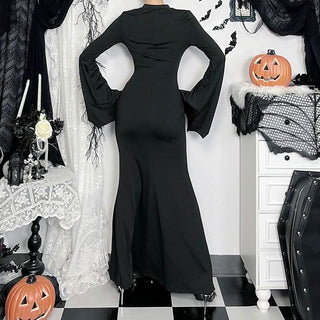 Long flared sleeve hollow out crewneck cut out maxi dress