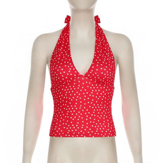 V neck halter polka dot print backless top