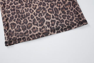 Long sleeve leopard print crewneck sheer mesh maxi dress