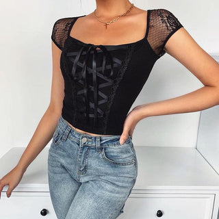 Self tie lace hem square neck cap sleeve crop top