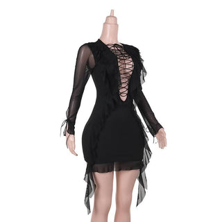 Long sleeve lace up ruffle self tie mesh mini dress