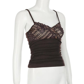 Ruffle v neck print patchwork ruched cami top