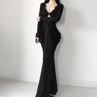 Long sleeve v neck lace hem ruched maxi dress