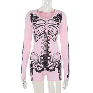 Human skeleton print long sleeve button mini dress