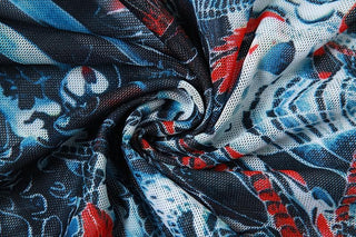 Long sleeve striped dragon print sheer mesh pant set