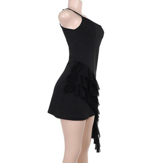 One shoulder ruffle flower applique mini dress