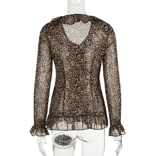 Leopard print long sleeve chiffon ruffle button top