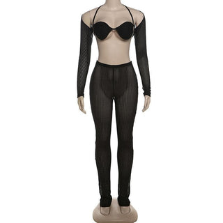 Halter shrug textured see through pant set