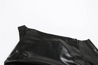Irregular one shoulder PU leather ruched mini skirt set