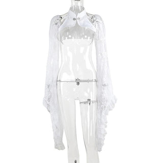Long flared sleeve lace buckle shrug top