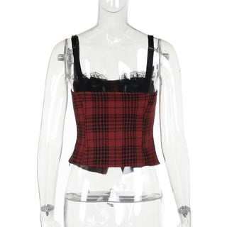 Plaid sweetheart neck lace up lace hem backless cami top