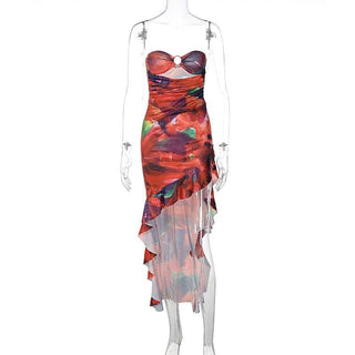 Ruffle o ring hollow out ruched irregular tube cut out midi dress