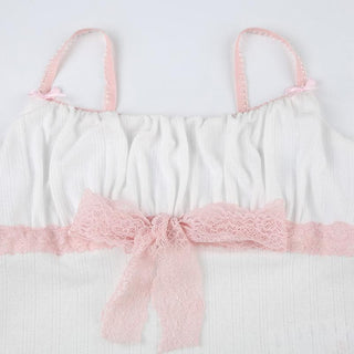 Ruched lace hem bowknot ruffle cami top