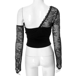 One shoulder sweetheart neck long sleeve lace top