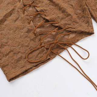 Turnover collar long sleeve lace up lace crop top