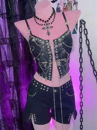 Metal chain rivet lace up PU leather cami top