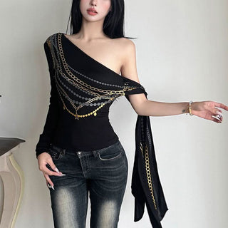 One shoulder long sleeve metal chain print top