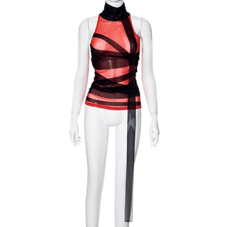 High neck sheer mesh patchwork top