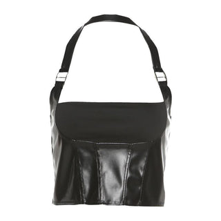 Halter PU leather buckle zip-up stitch solid top