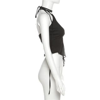 Halter mesh ruffle irregular backless top