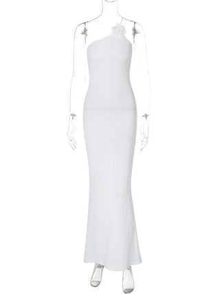 Flower applique one shoulder textured slit cami maxi dress