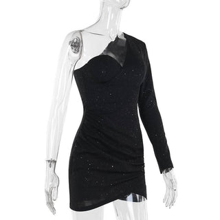 Irregular long sleeve one shoulder ruched mini dress